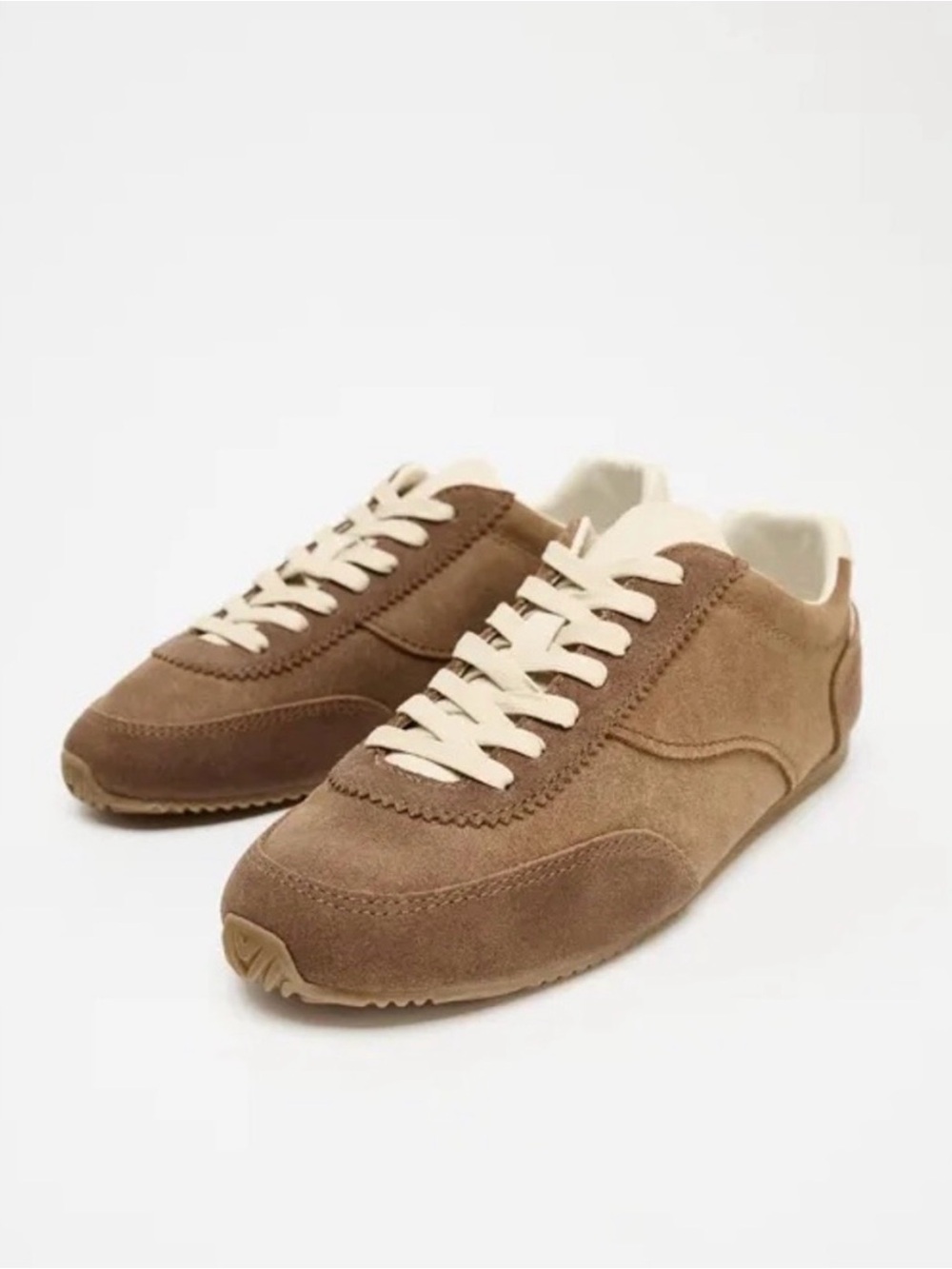 Zara Contrast Leather Suede Sneakers in Brown with Cream Laces